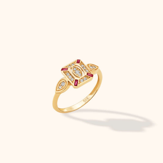 Art Deco 14K Altın Yüzük | Yakut ve Pırlanta/Zirkon Taşlı